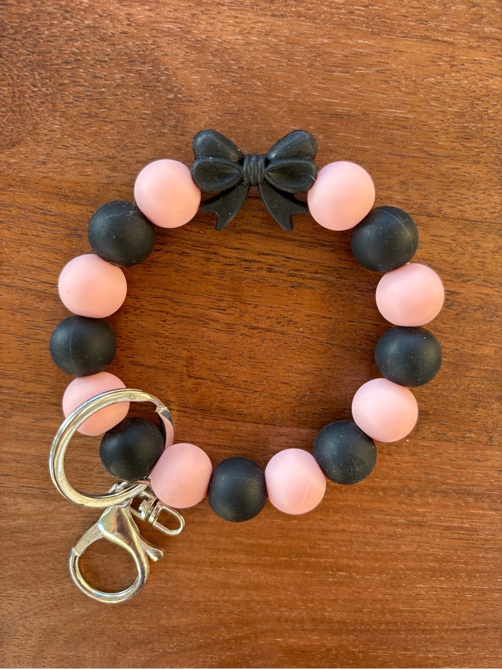 Pink & Black Silicone Beaded Bow Keyring Bracelet